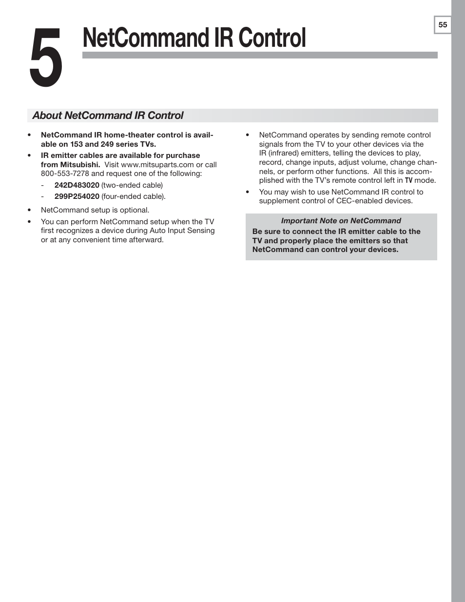 5 netcommand ir control, About netcommand ir control, Netcommand ir control | MITSUBISHI ELECTRIC MITSUBISHI ELECTRIC IMMERSIVE SOUND LCD HDTV SeriesLT-40151 User Manual | Page 55 / 96