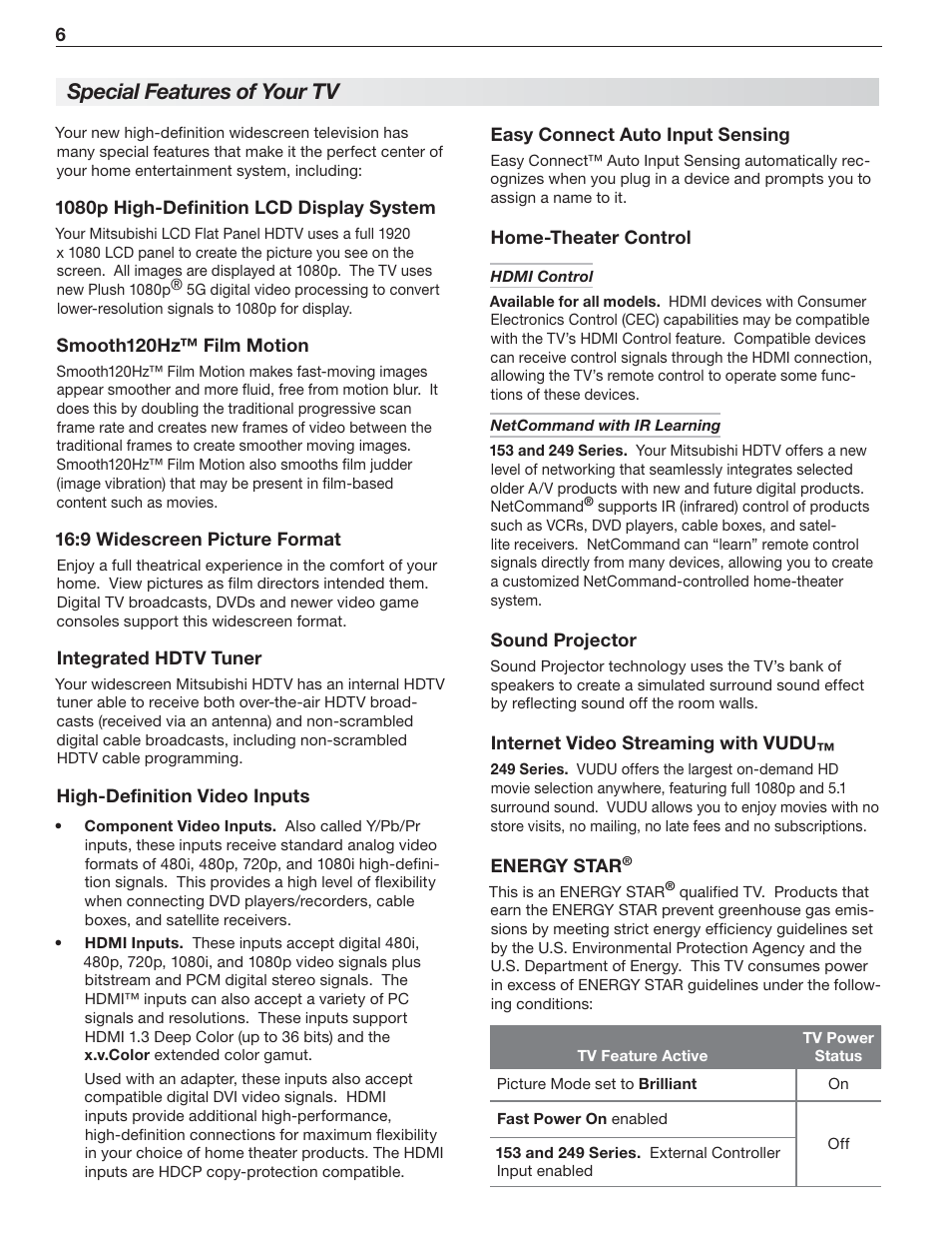 Special features of your tv | MITSUBISHI ELECTRIC MITSUBISHI ELECTRIC IMMERSIVE SOUND LCD HDTV SeriesLT-40151 User Manual | Page 6 / 96