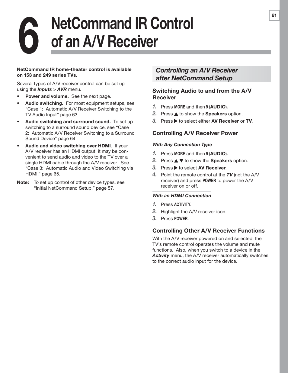 6 netcommand ir control of an a/v receiver, Controlling an a/v receiver after netcommand setup, Netcommand ir control of an a/v receiver | MITSUBISHI ELECTRIC MITSUBISHI ELECTRIC IMMERSIVE SOUND LCD HDTV SeriesLT-40151 User Manual | Page 61 / 96
