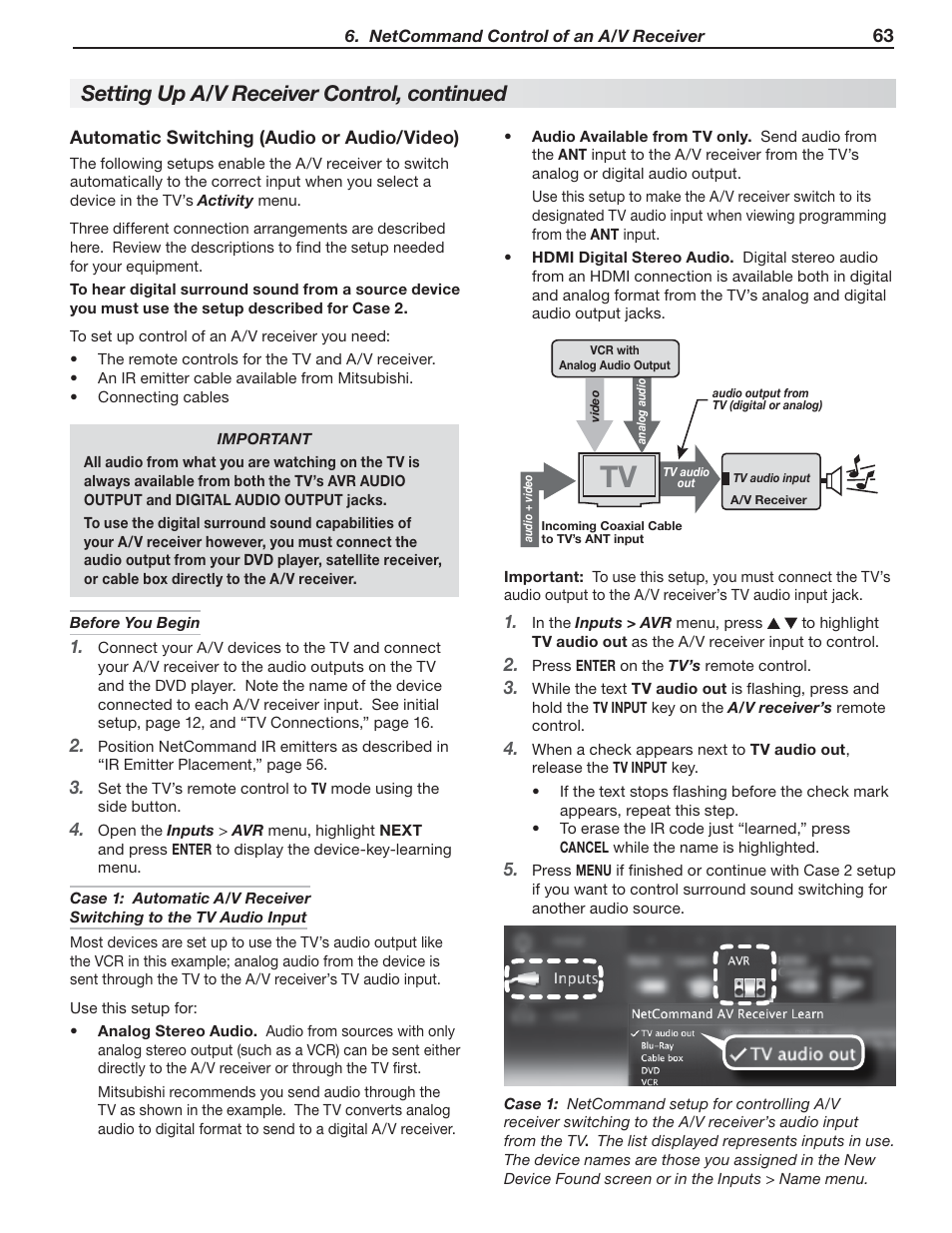 Automatic switching (audio or audio/video), Setting up a/v receiver control, continued | MITSUBISHI ELECTRIC MITSUBISHI ELECTRIC IMMERSIVE SOUND LCD HDTV SeriesLT-40151 User Manual | Page 63 / 96