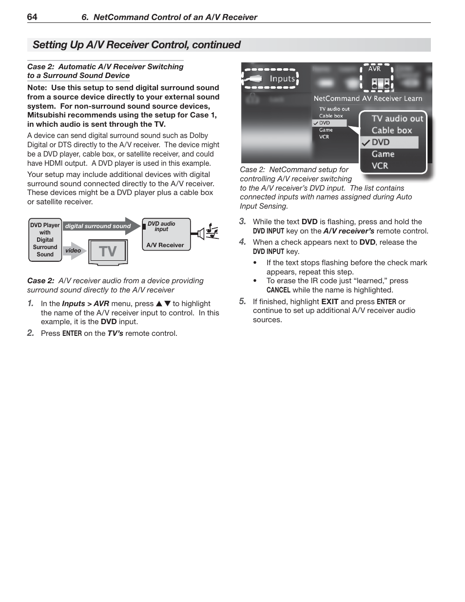 Setting up a/v receiver control, continued | MITSUBISHI ELECTRIC MITSUBISHI ELECTRIC IMMERSIVE SOUND LCD HDTV SeriesLT-40151 User Manual | Page 64 / 96