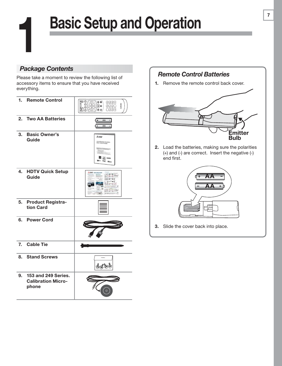 1 basic setup and operation, Package contents, Basic setup and operation | MITSUBISHI ELECTRIC MITSUBISHI ELECTRIC IMMERSIVE SOUND LCD HDTV SeriesLT-40151 User Manual | Page 7 / 96