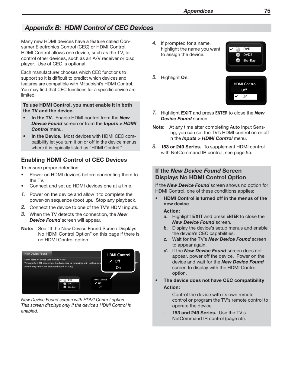 Appendix b: hdmi control of cec devices | MITSUBISHI ELECTRIC MITSUBISHI ELECTRIC IMMERSIVE SOUND LCD HDTV SeriesLT-40151 User Manual | Page 75 / 96