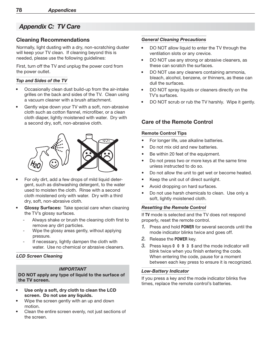 Appendix c: tv care | MITSUBISHI ELECTRIC MITSUBISHI ELECTRIC IMMERSIVE SOUND LCD HDTV SeriesLT-40151 User Manual | Page 78 / 96