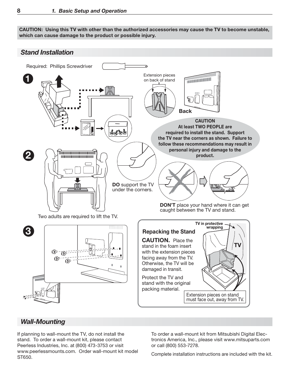 Stand installation, Wall-mounting | MITSUBISHI ELECTRIC MITSUBISHI ELECTRIC IMMERSIVE SOUND LCD HDTV SeriesLT-40151 User Manual | Page 8 / 96