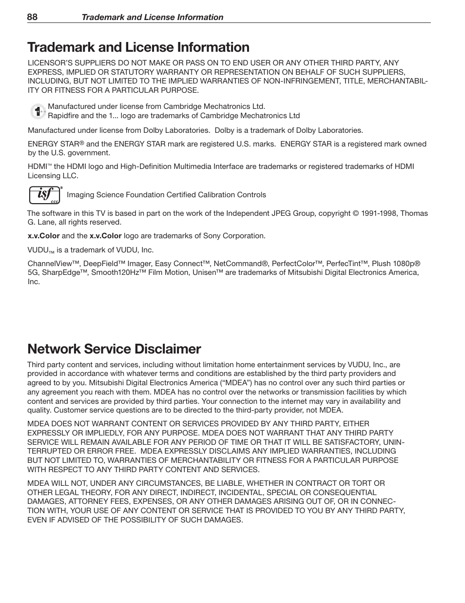 Trademark and license information, Network service disclaimer | MITSUBISHI ELECTRIC MITSUBISHI ELECTRIC IMMERSIVE SOUND LCD HDTV SeriesLT-40151 User Manual | Page 88 / 96