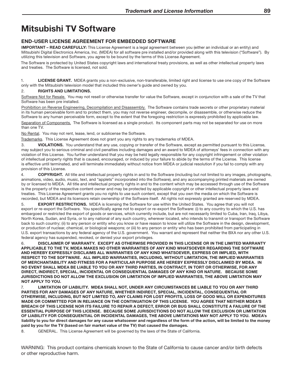 Mitsubishi tv software | MITSUBISHI ELECTRIC MITSUBISHI ELECTRIC IMMERSIVE SOUND LCD HDTV SeriesLT-40151 User Manual | Page 89 / 96