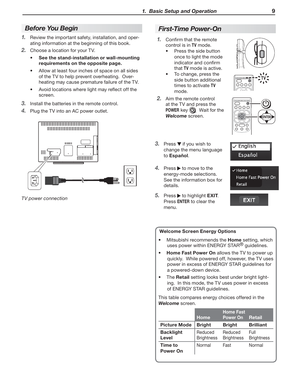 Before you begin, First-time power-on | MITSUBISHI ELECTRIC MITSUBISHI ELECTRIC IMMERSIVE SOUND LCD HDTV SeriesLT-40151 User Manual | Page 9 / 96