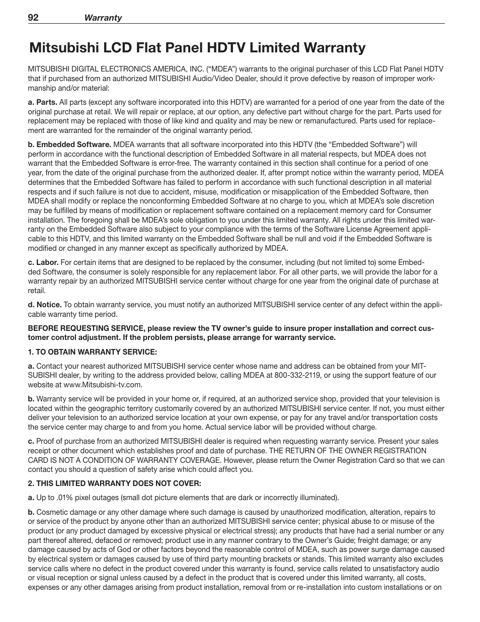 Warranty, Mitsubishi lcd flat panel hdtv limited warranty | MITSUBISHI ELECTRIC MITSUBISHI ELECTRIC IMMERSIVE SOUND LCD HDTV SeriesLT-40151 User Manual | Page 92 / 96