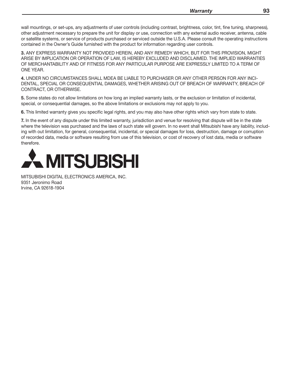 MITSUBISHI ELECTRIC MITSUBISHI ELECTRIC IMMERSIVE SOUND LCD HDTV SeriesLT-40151 User Manual | Page 93 / 96