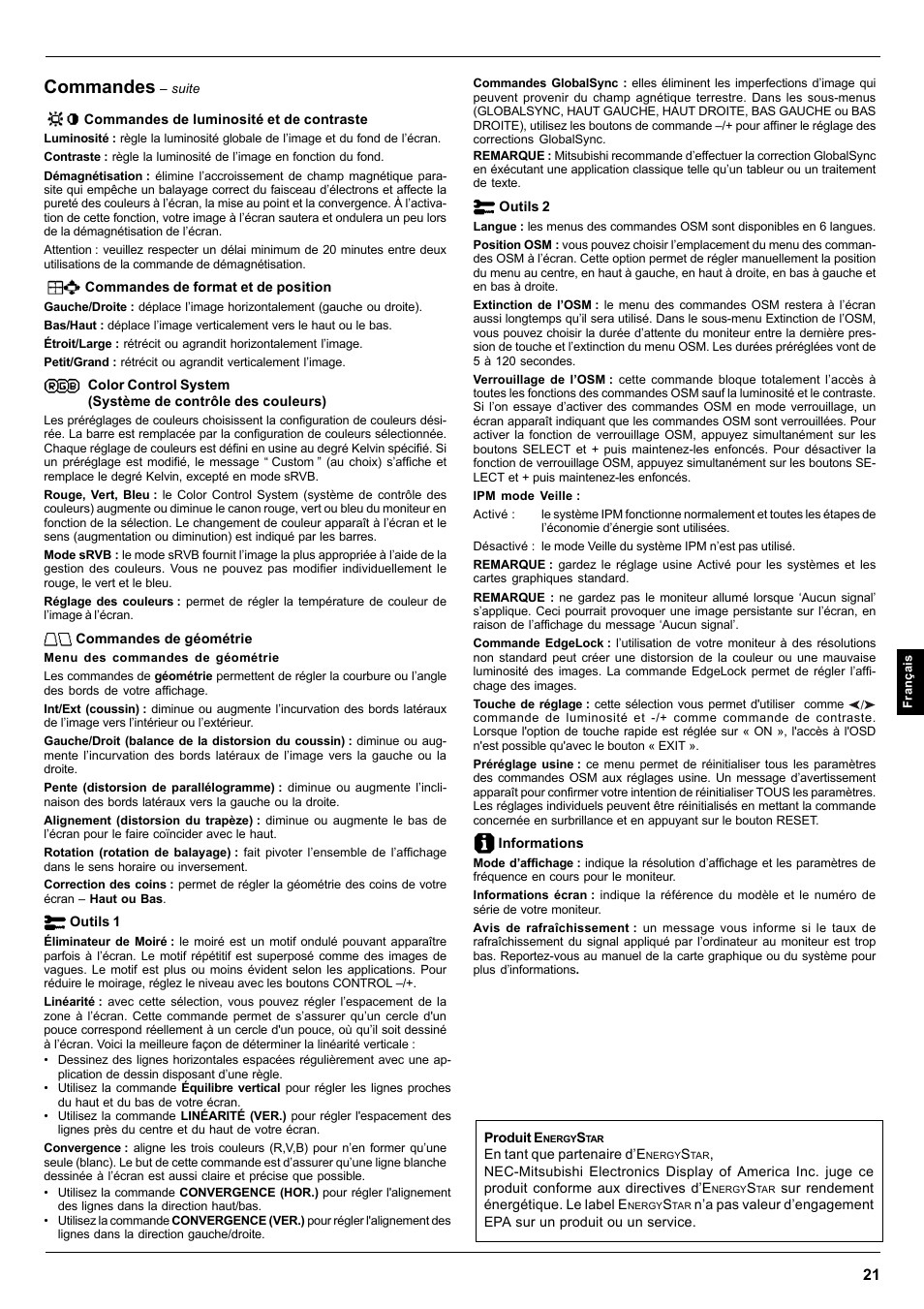 Commandes | MITSUBISHI ELECTRIC Pro 930SB User Manual | Page 21 / 42
