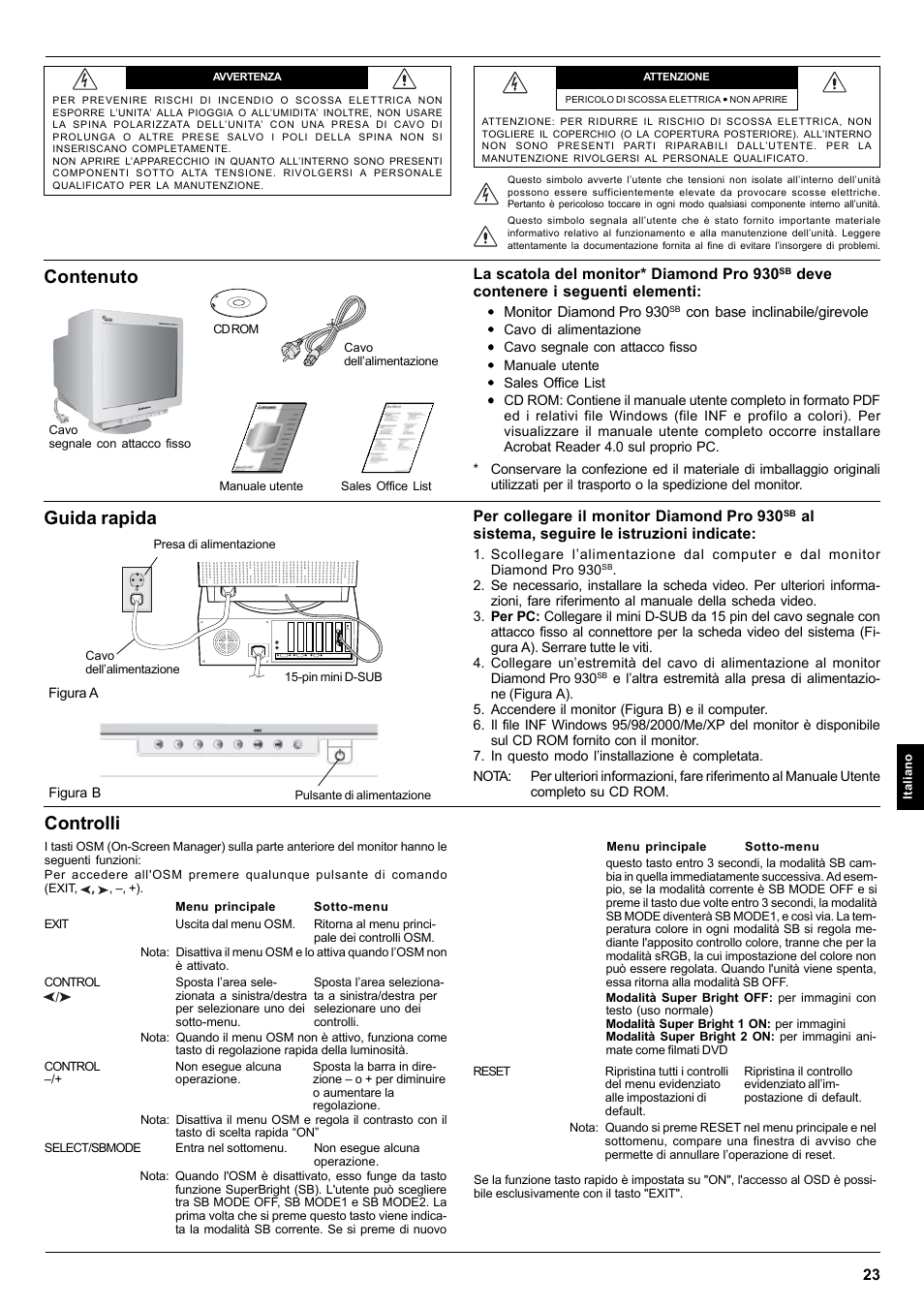 Italiano, Contenuto, Guida rapida | Controlli | MITSUBISHI ELECTRIC Pro 930SB User Manual | Page 23 / 42