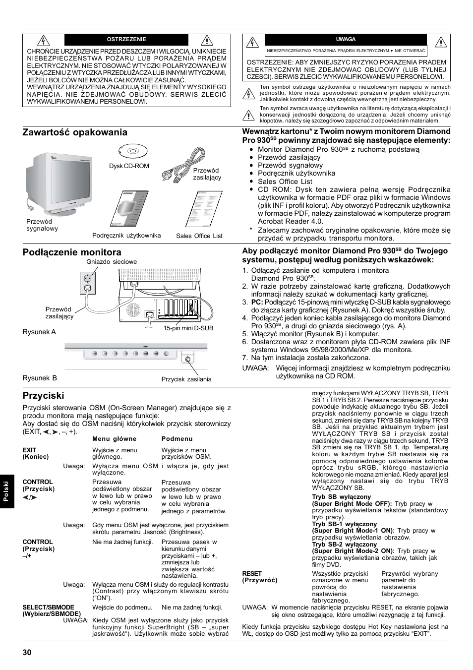 Polski, Zawartość opakowania, Podłączenie monitora | Przyciski | MITSUBISHI ELECTRIC Pro 930SB User Manual | Page 30 / 42