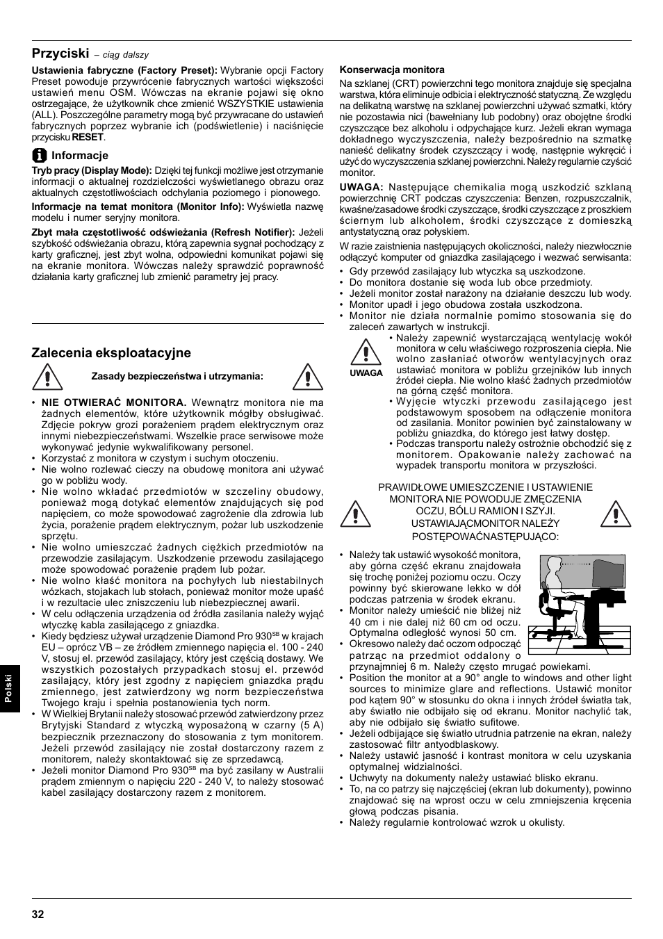 Zalecenia eksploatacyjne, Przyciski | MITSUBISHI ELECTRIC Pro 930SB User Manual | Page 32 / 42