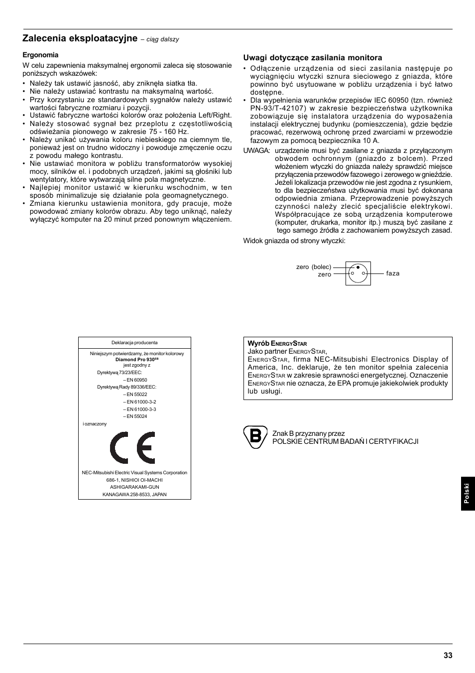 Zalecenia eksploatacyjne | MITSUBISHI ELECTRIC Pro 930SB User Manual | Page 33 / 42