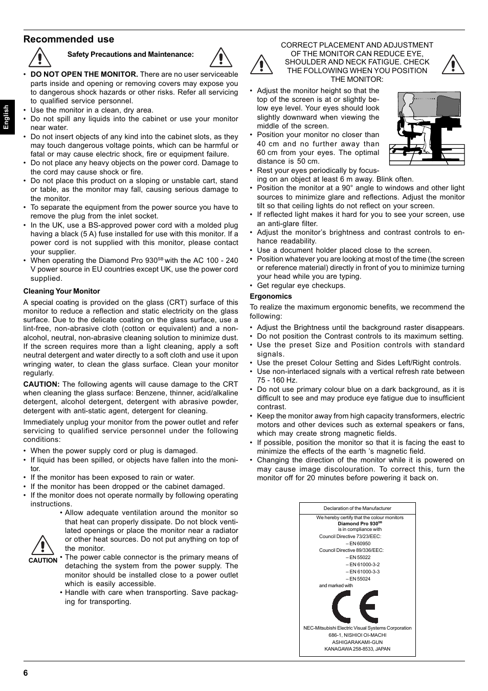 Recommended use | MITSUBISHI ELECTRIC Pro 930SB User Manual | Page 6 / 42