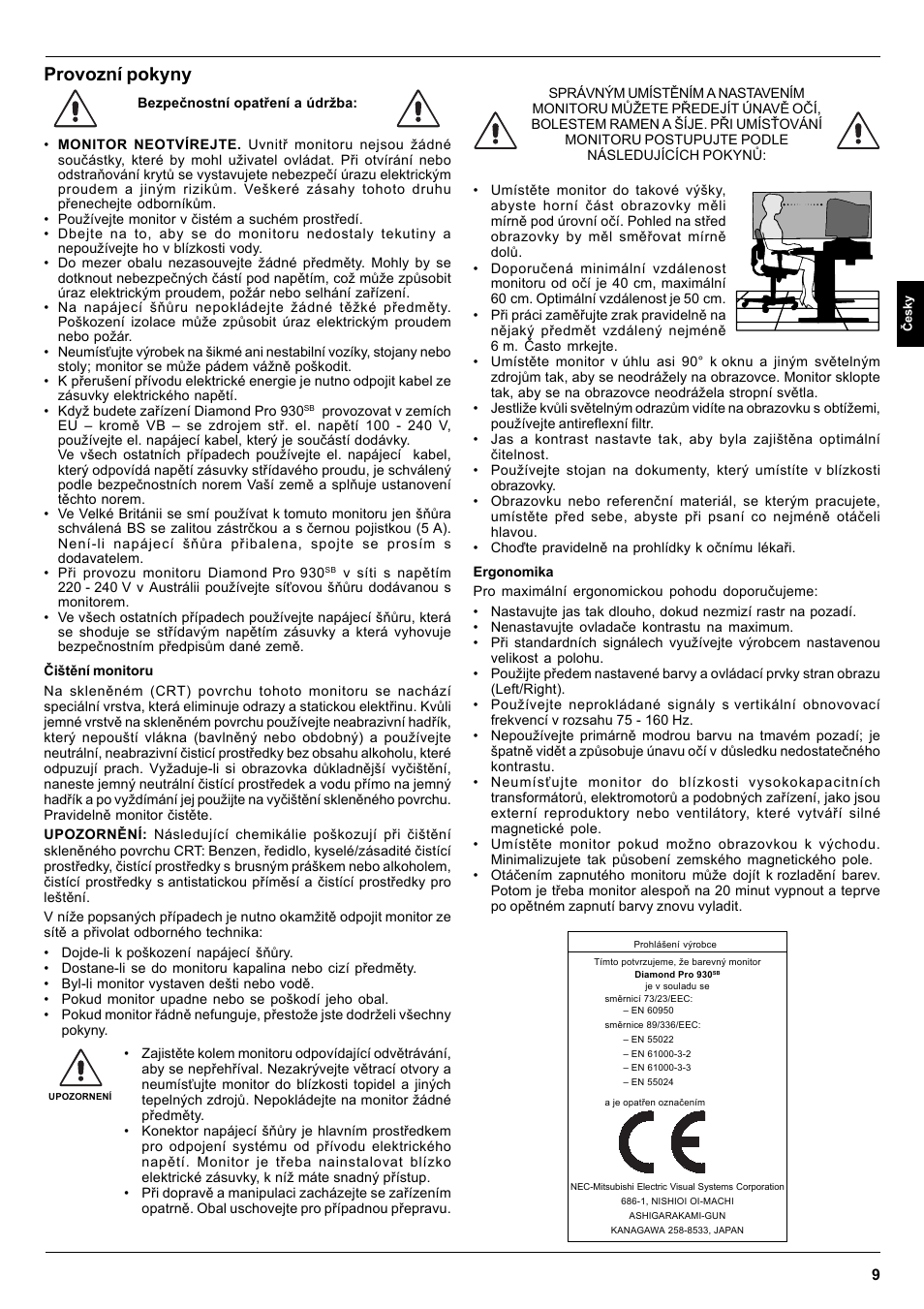 Provozní pokyny | MITSUBISHI ELECTRIC Pro 930SB User Manual | Page 9 / 42