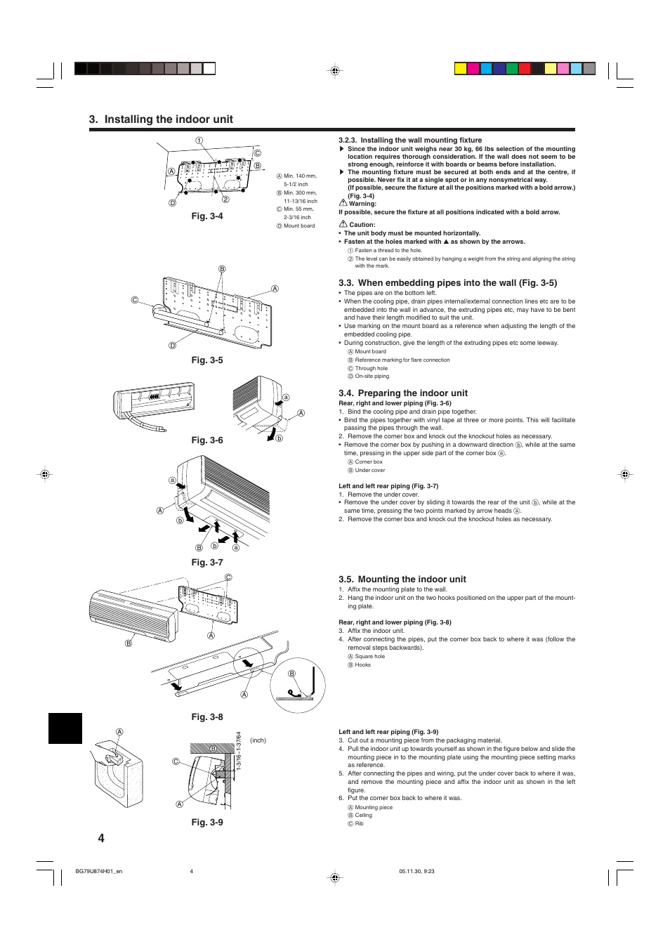 Installing the indoor unit, When embedding pipes into the wall (fig. 3-5), Preparing the indoor unit | MITSUBISHI ELECTRIC Mr. Slim PKA-A-GA User Manual | Page 4 / 16