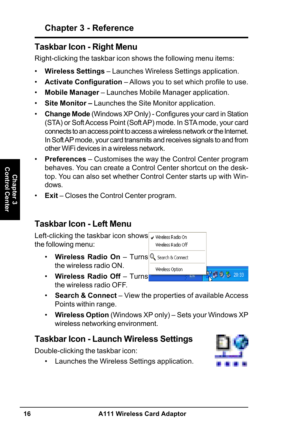 Chapter 3 - reference, Taskbar icon - left menu, Taskbar icon - launch wireless settings | Taskbar icon - right menu | MITSUBISHI ELECTRIC A111 User Manual | Page 16 / 46