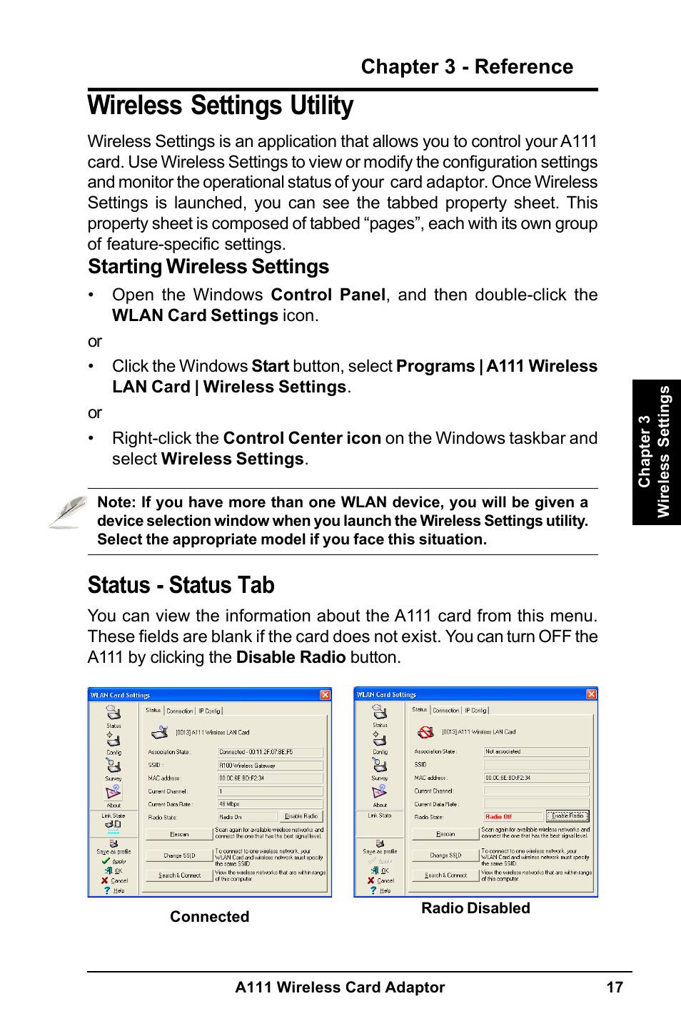 Wireless settings utility, Status - status tab, Chapter 3 - reference | Starting wireless settings | MITSUBISHI ELECTRIC A111 User Manual | Page 17 / 46