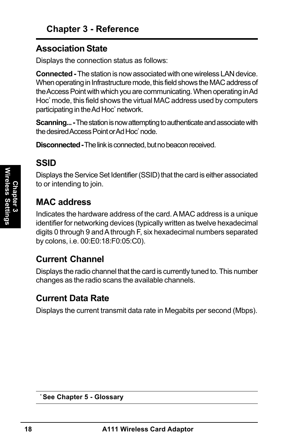 Chapter 3 - reference, Association state, Ssid | Mac address, Current channel, Current data rate | MITSUBISHI ELECTRIC A111 User Manual | Page 18 / 46