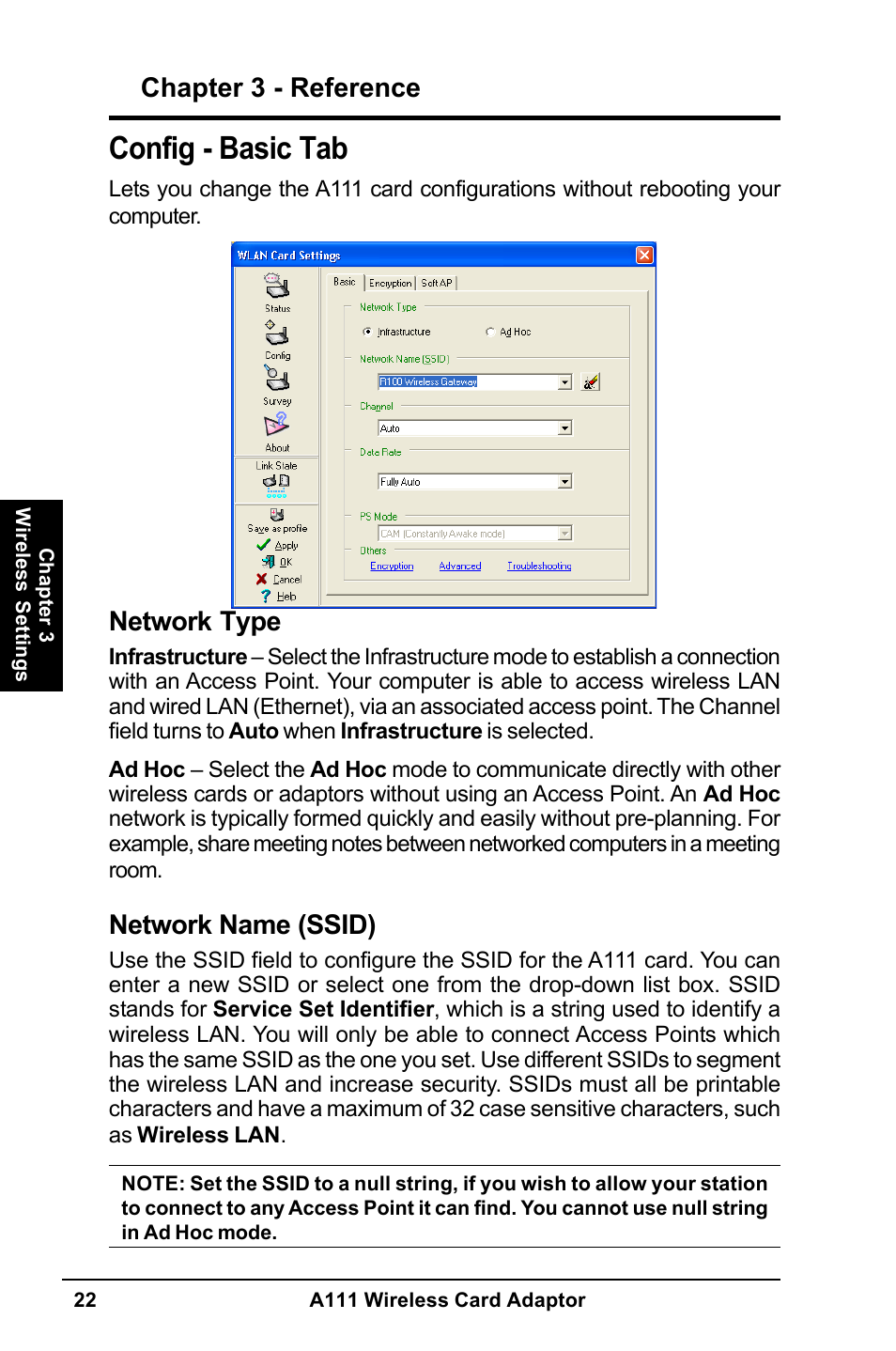 Config - basic tab, Chapter 3 - reference, Network type | Network name (ssid) | MITSUBISHI ELECTRIC A111 User Manual | Page 22 / 46