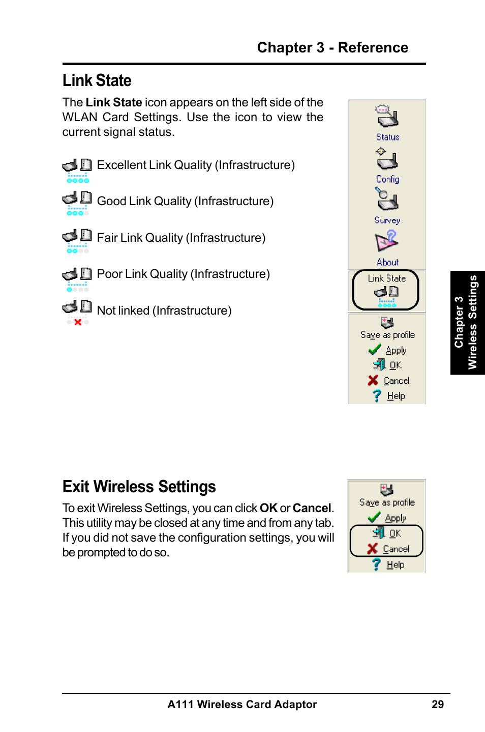 Link state, Exit wireless settings | MITSUBISHI ELECTRIC A111 User Manual | Page 29 / 46