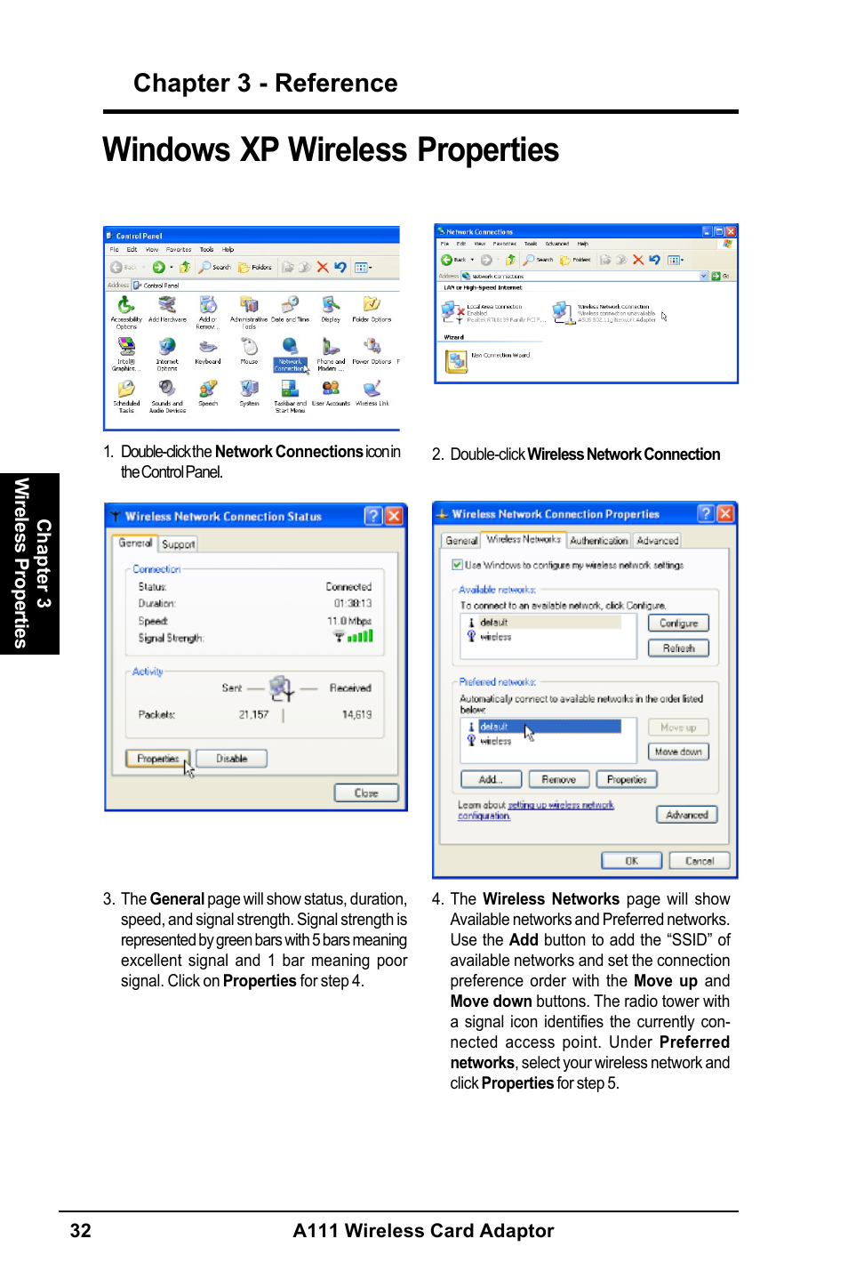 Windows xp wireless properties, Chapter 3 - reference | MITSUBISHI ELECTRIC A111 User Manual | Page 32 / 46