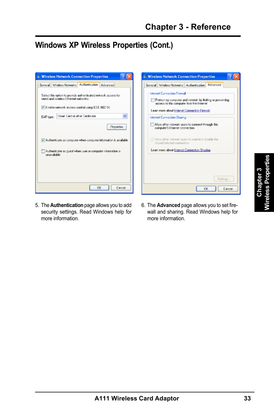 Chapter 3 - reference, Windows xp wireless properties (cont.) | MITSUBISHI ELECTRIC A111 User Manual | Page 33 / 46