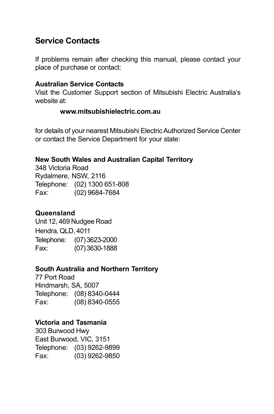 Service contacts | MITSUBISHI ELECTRIC A111 User Manual | Page 45 / 46