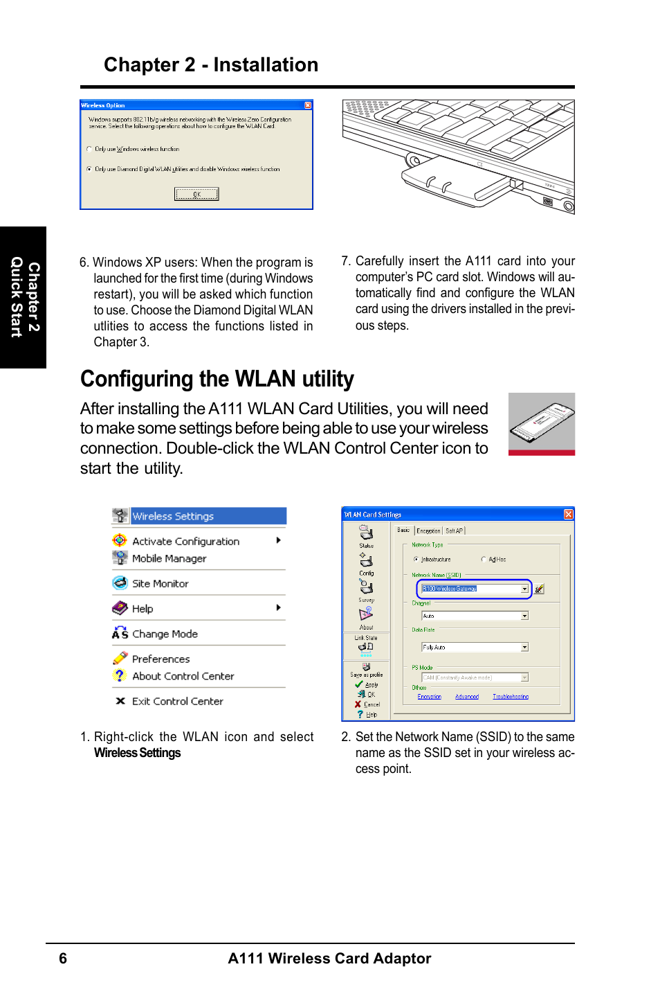 Configuring the wlan utility, Chapter 2 - installation | MITSUBISHI ELECTRIC A111 User Manual | Page 6 / 46