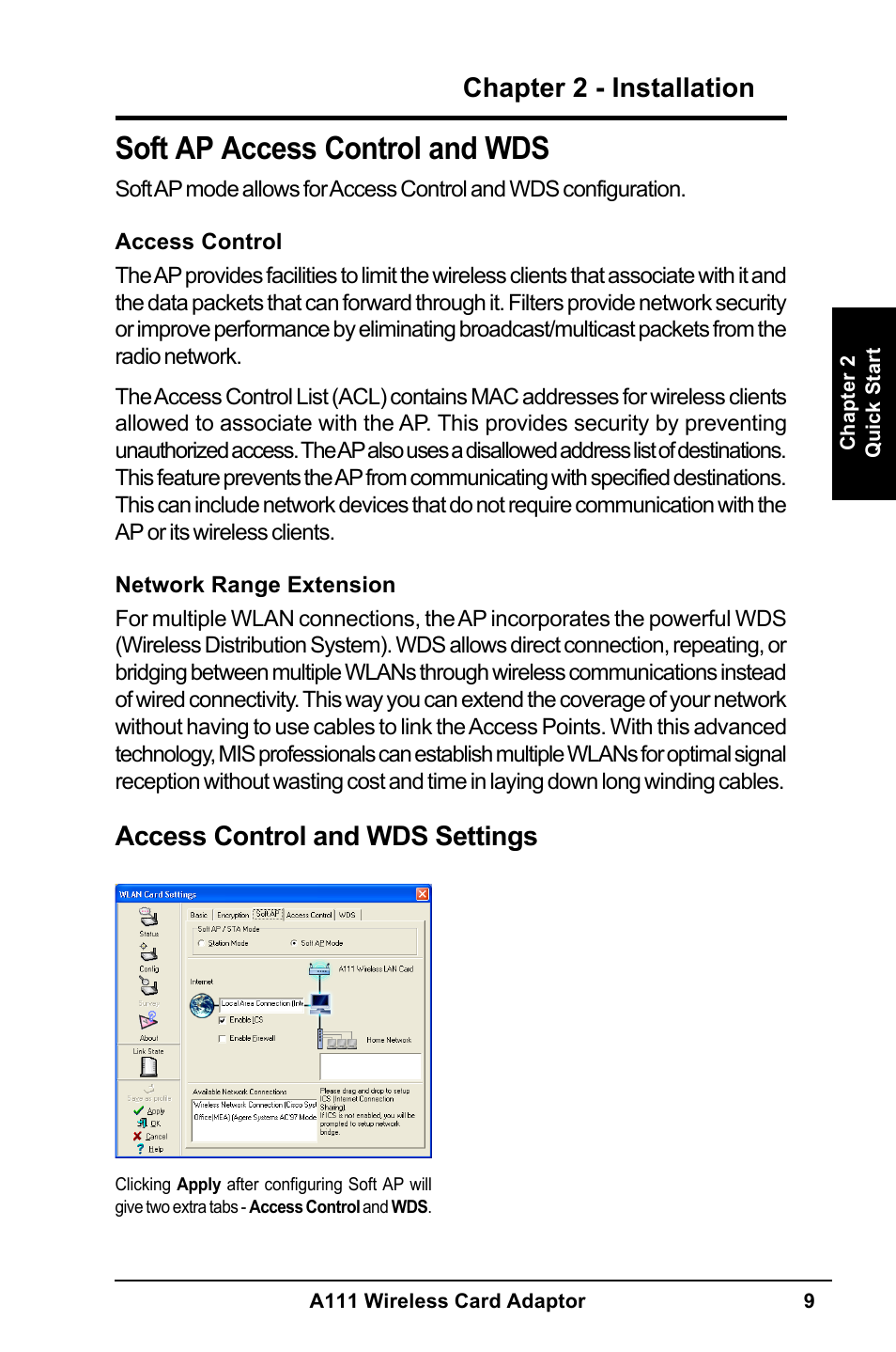 Soft ap access control and wds, Chapter 2 - installation, Access control and wds settings | MITSUBISHI ELECTRIC A111 User Manual | Page 9 / 46