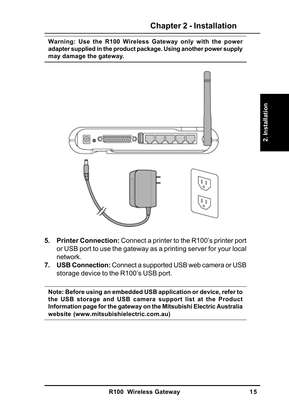 Chapter 2 - installation | MITSUBISHI ELECTRIC R100 User Manual | Page 15 / 102