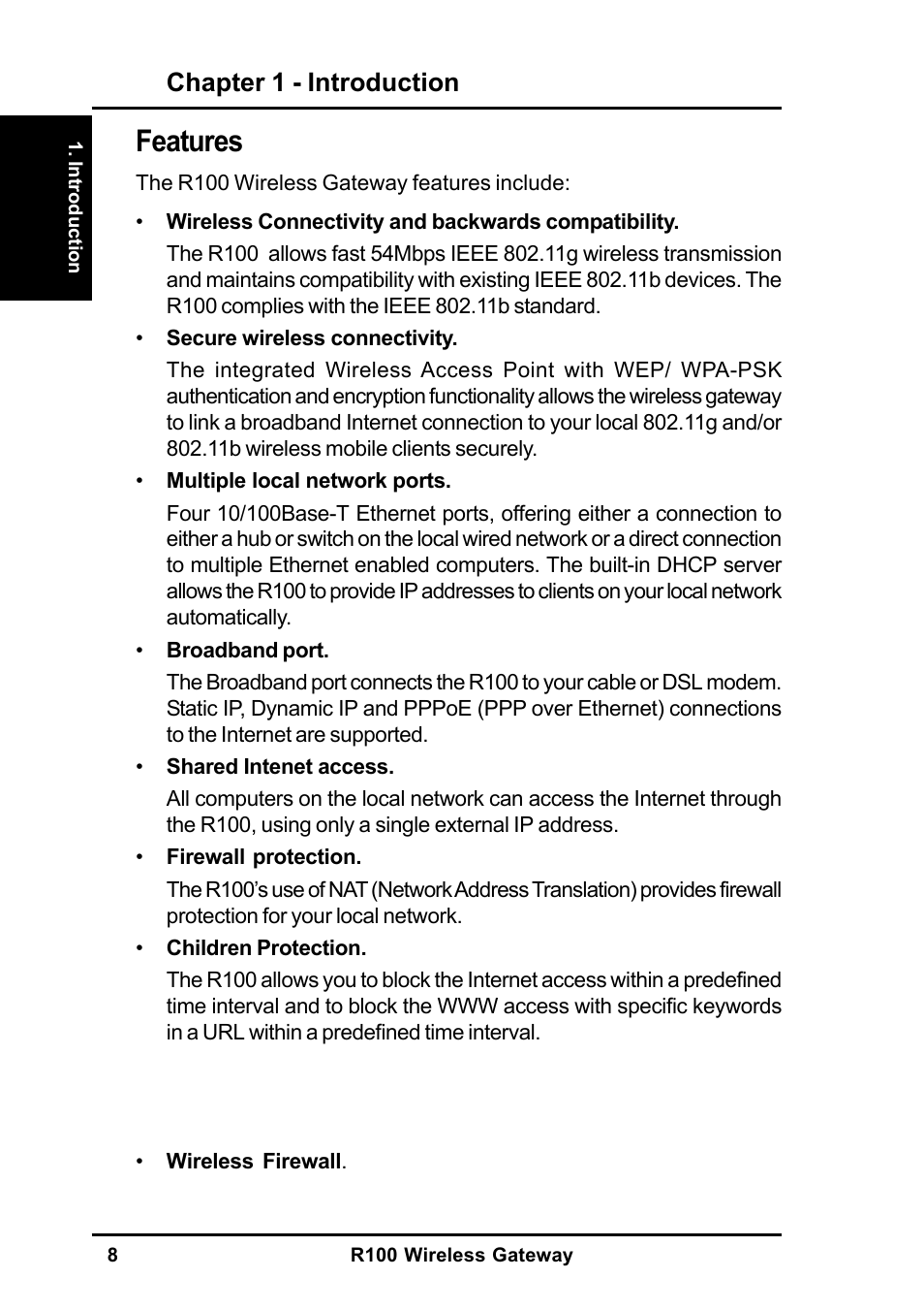 Features, Chapter 1 - introduction | MITSUBISHI ELECTRIC R100 User Manual | Page 8 / 102