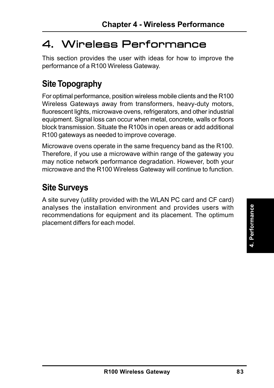 Wireless performance, Site topography, Site surveys | MITSUBISHI ELECTRIC R100 User Manual | Page 83 / 102