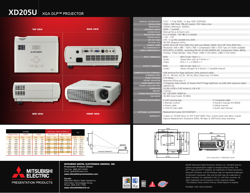 Xd205u, Xga dlp™ projector | MITSUBISHI ELECTRIC XD205U User Manual | Page 2 / 2