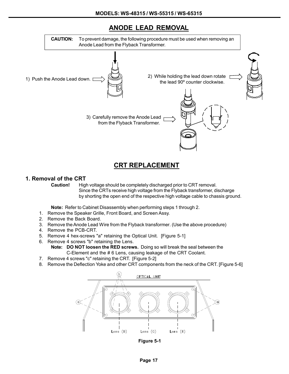 Crt replacement | MITSUBISHI ELECTRIC WS-48315 User Manual | Page 17 / 68