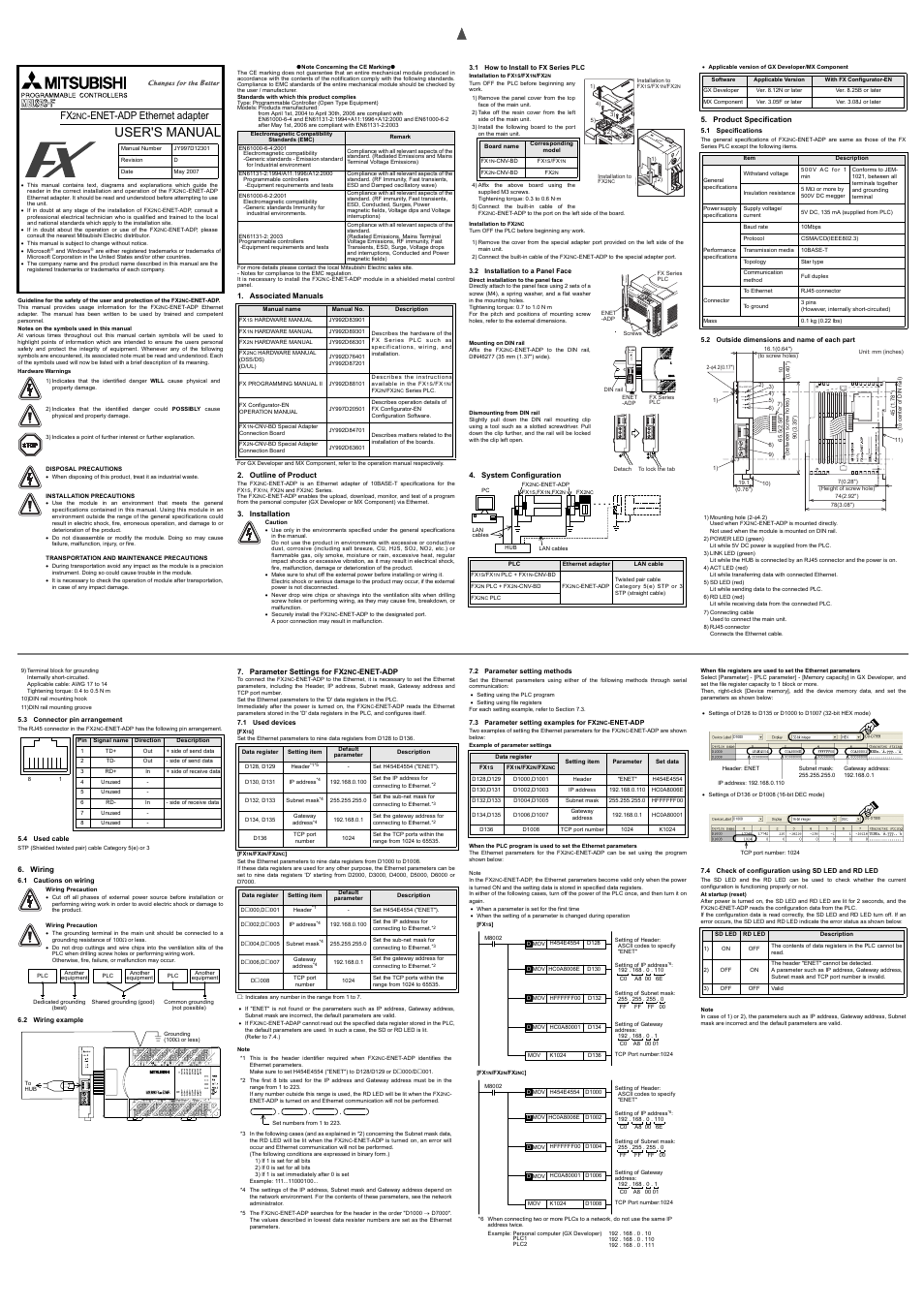 3 connector pin arrangement, 4 used cable, Wiring | 1 cautions on wiring, 2 wiring example, Parameter settings for fx2nc-enet-adp, 1 used devices, 2 parameter setting methods, 3 parameter setting examples for fx2nc-enet-adp, 4 check of configuration using sd led and rd led | MITSUBISHI ELECTRIC FX2NC-ENET-ADP User Manual | Page 2 / 6