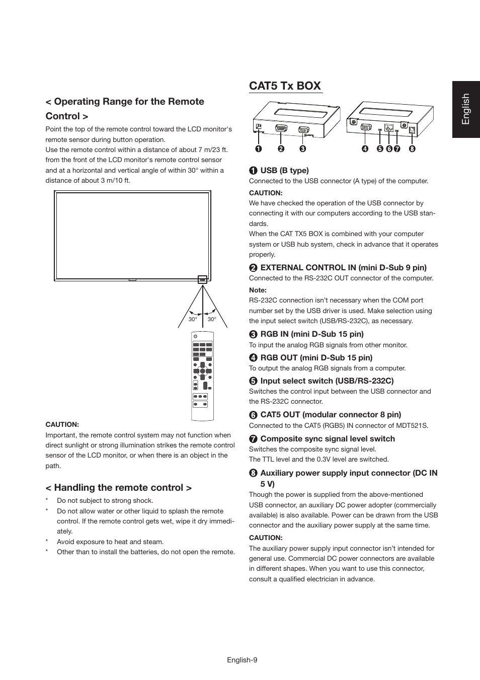 Cat5 tx box, English, Operating range for the remote control | Handling the remote control | MITSUBISHI ELECTRIC MDT521S User Manual | Page 10 / 44