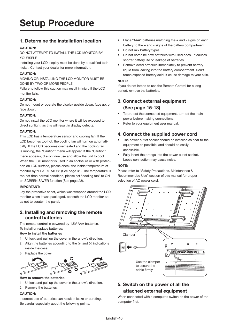 Setup procedure, Determine the installation location, Connect external equipment (see page 15-18) | Connect the supplied power cord | MITSUBISHI ELECTRIC MDT521S User Manual | Page 11 / 44