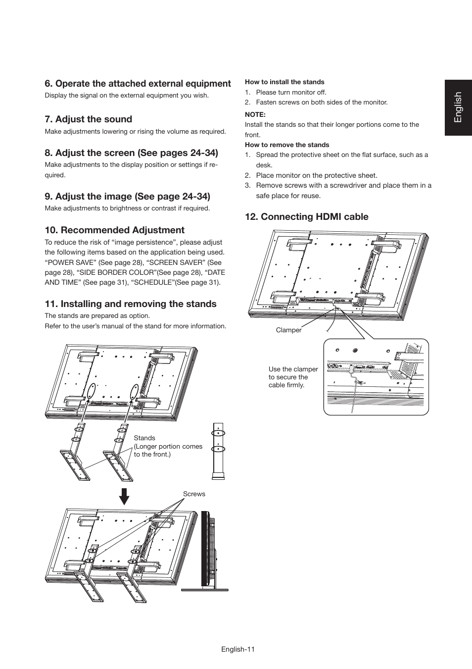 English, Operate the attached external equipment, Adjust the sound | Adjust the screen (see pages 24-34), Adjust the image (see page 24-34), Recommended adjustment, Installing and removing the stands, Connecting hdmi cable | MITSUBISHI ELECTRIC MDT521S User Manual | Page 12 / 44