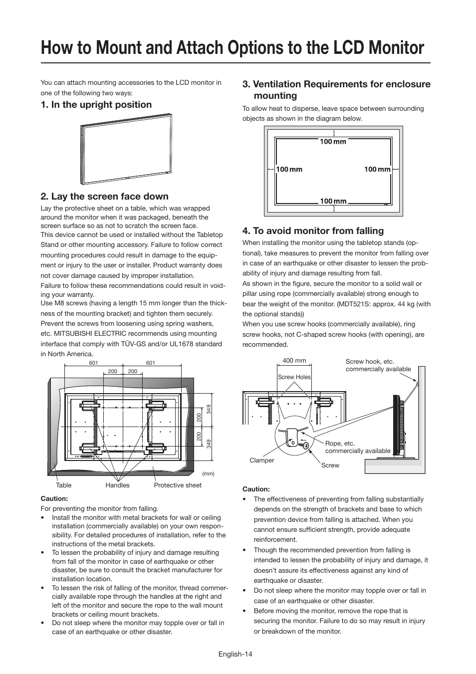 How to mount and attach options to the lcd monitor, Ventilation requirements for enclosure mounting | MITSUBISHI ELECTRIC MDT521S User Manual | Page 15 / 44