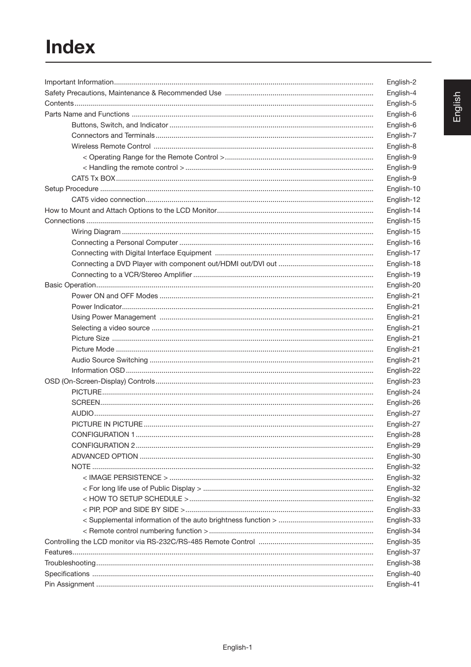 Index, English | MITSUBISHI ELECTRIC MDT521S User Manual | Page 2 / 44