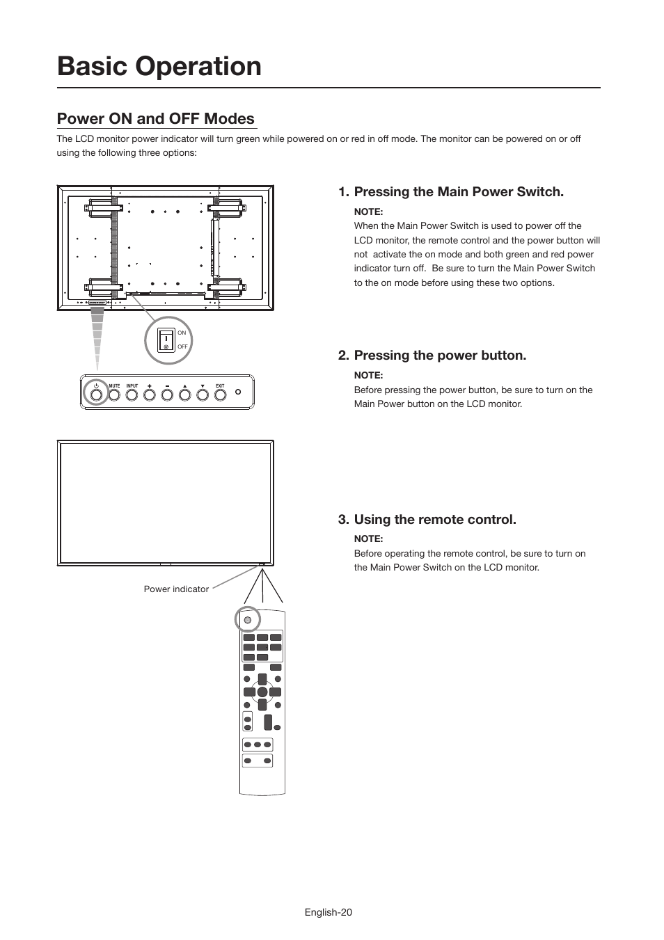 Basic operation, Power on and off modes, Pressing the main power switch | Pressing the power button, Using the remote control | MITSUBISHI ELECTRIC MDT521S User Manual | Page 21 / 44