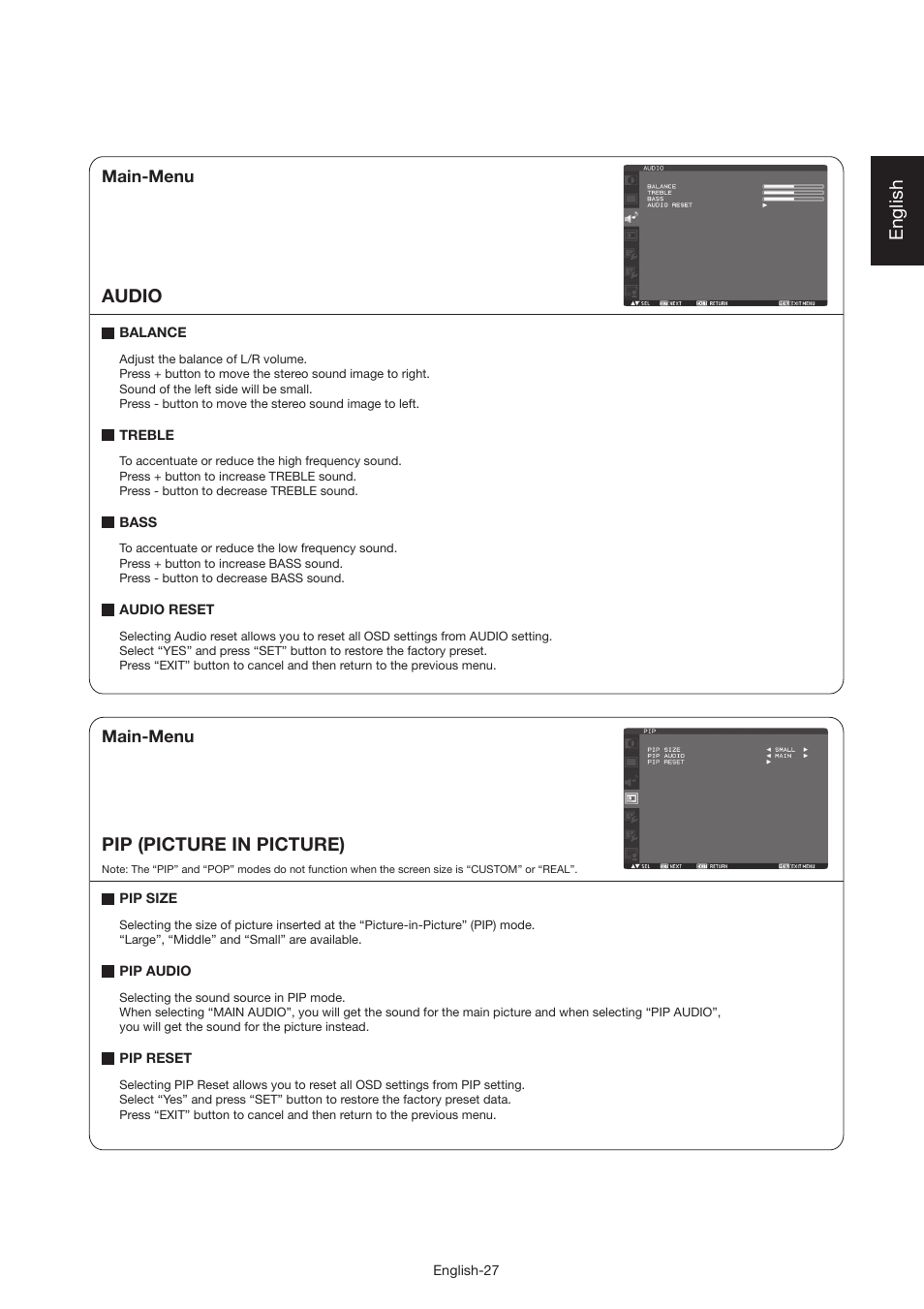 English, Audio, Pip (picture in picture) | MITSUBISHI ELECTRIC MDT521S User Manual | Page 28 / 44