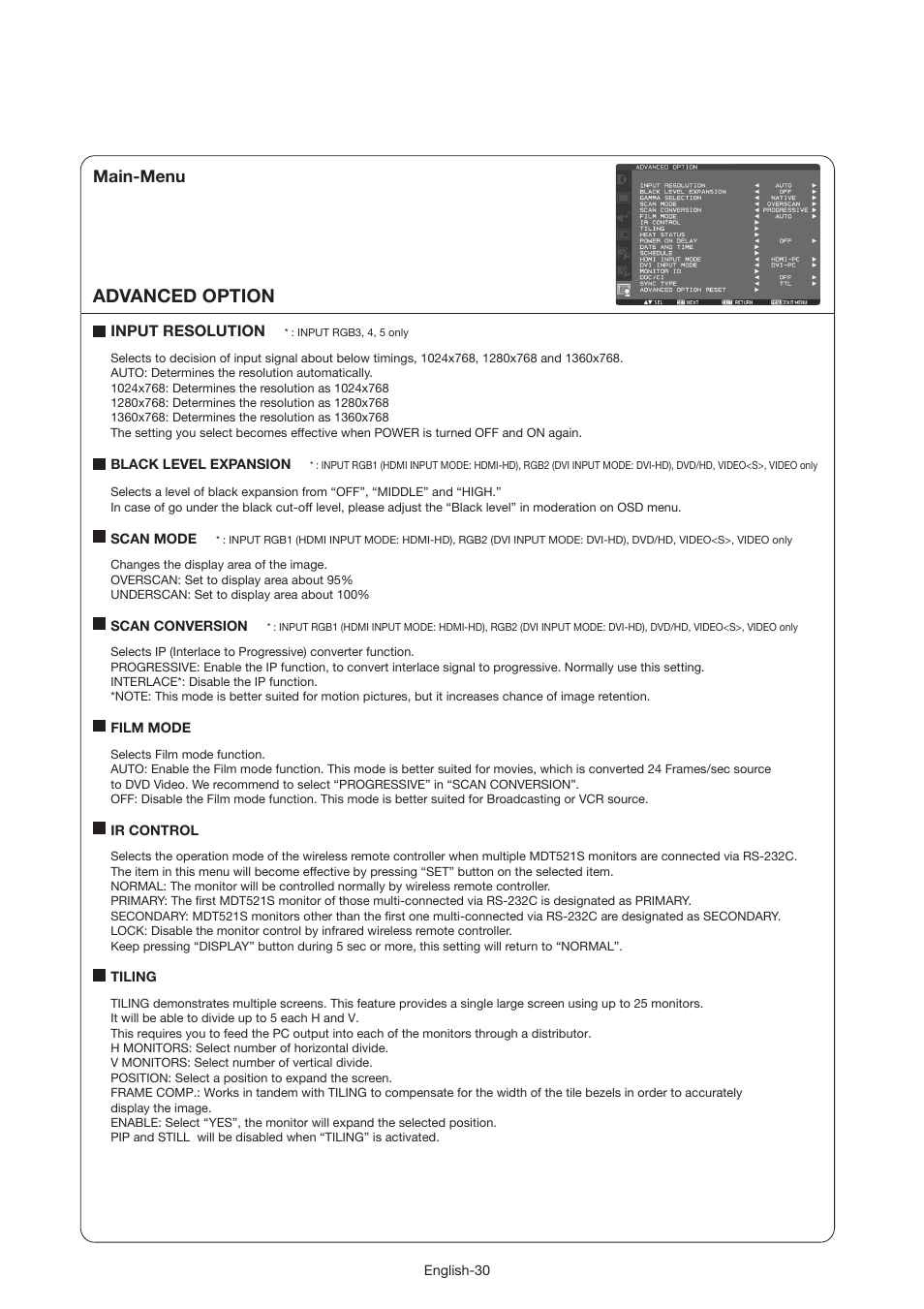 Advanced option, Main-menu | MITSUBISHI ELECTRIC MDT521S User Manual | Page 31 / 44