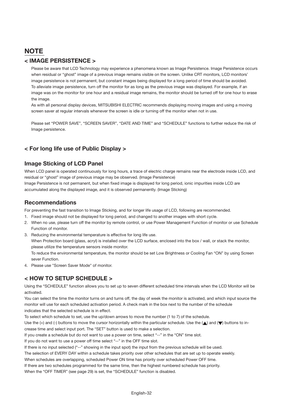 Image persistence, Recommendations, How to setup schedule | MITSUBISHI ELECTRIC MDT521S User Manual | Page 33 / 44