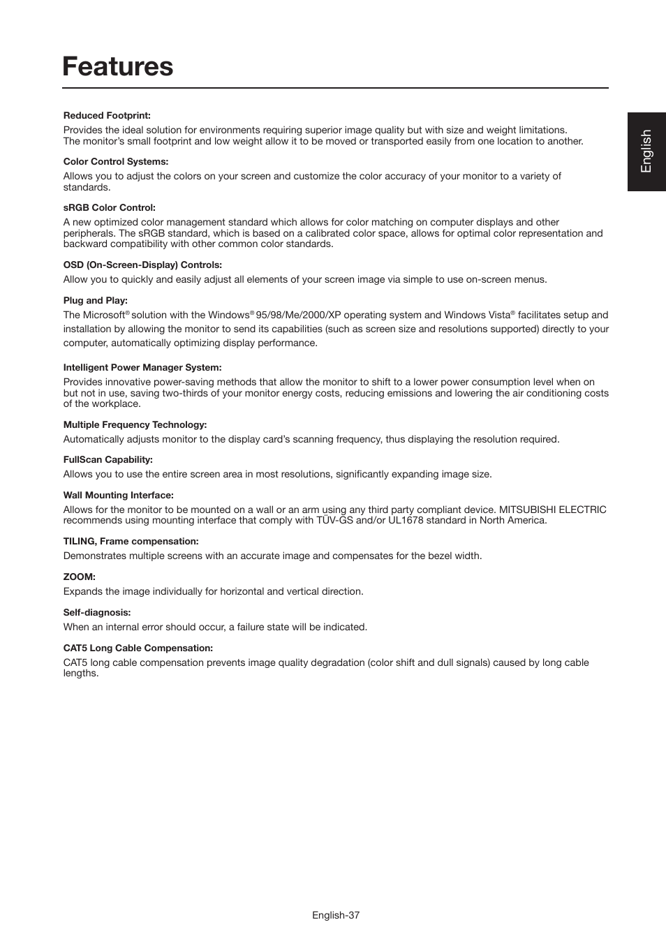 Features, English | MITSUBISHI ELECTRIC MDT521S User Manual | Page 38 / 44