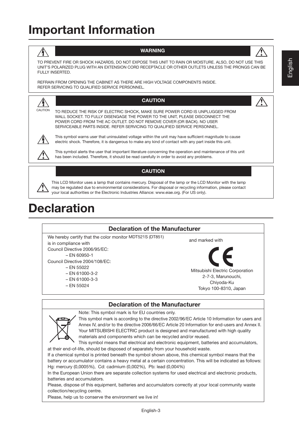 Important information, Declaration, English | Declaration of the manufacturer | MITSUBISHI ELECTRIC MDT521S User Manual | Page 4 / 44