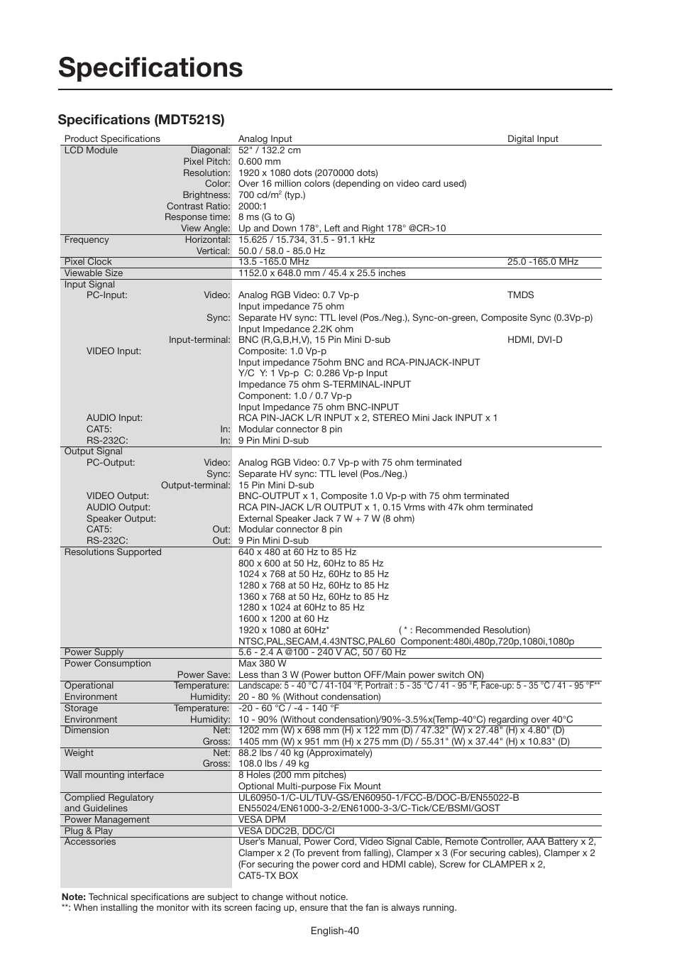 Specifi cations, Specifi cations (mdt521s) | MITSUBISHI ELECTRIC MDT521S User Manual | Page 41 / 44